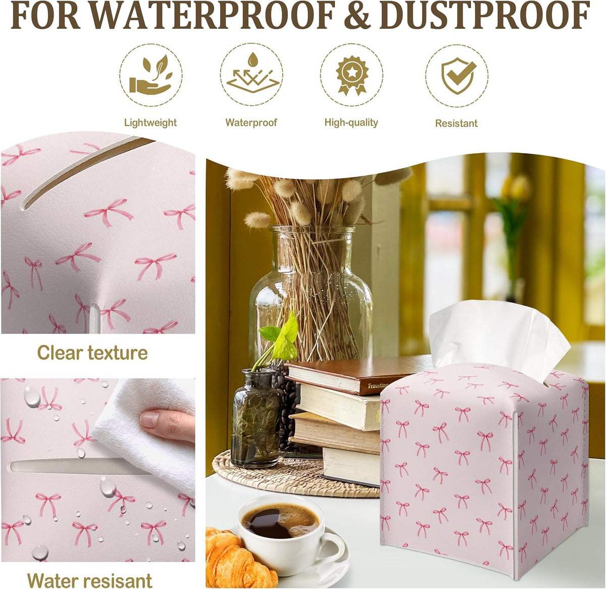 Cute Preppy Pink Ribbon Bow Decorative Leather Tissue Box Cover - Tissue Box Holder Gifts for Women Family and Friends Funny Unique Home Decor Decorative for Kids Room Kitchen Bathroom Office - A26