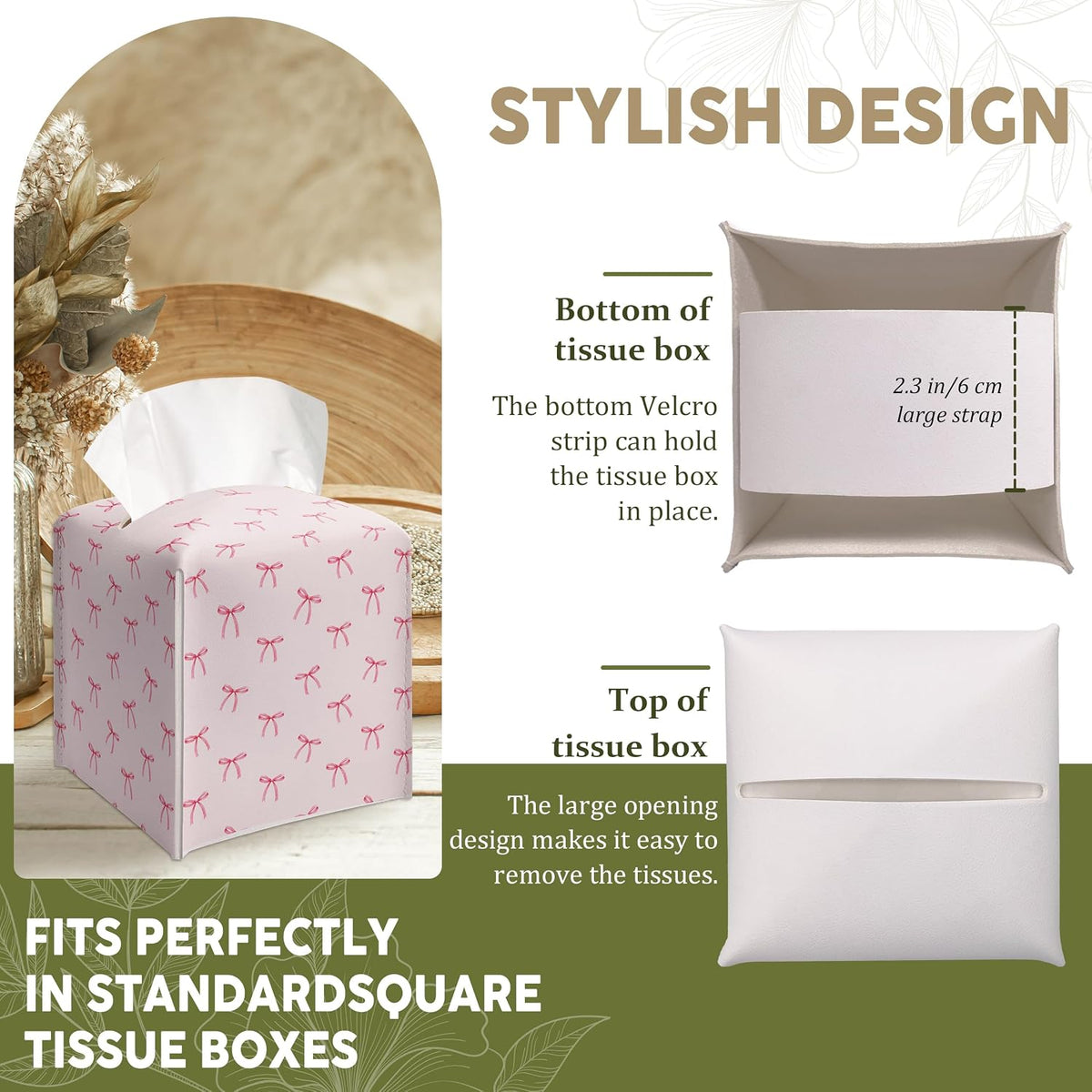 Cute Preppy Pink Ribbon Bow Decorative Leather Tissue Box Cover - Tissue Box Holder Gifts for Women Family and Friends Funny Unique Home Decor Decorative for Kids Room Kitchen Bathroom Office - A26