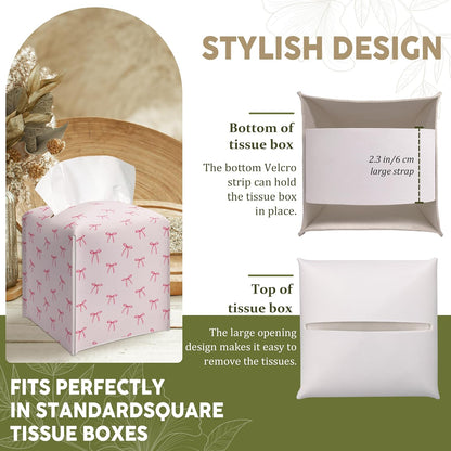 Cute Preppy Pink Ribbon Bow Decorative Leather Tissue Box Cover - Tissue Box Holder Gifts for Women Family and Friends Funny Unique Home Decor Decorative for Kids Room Kitchen Bathroom Office - A26