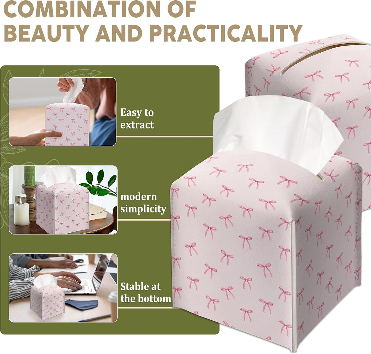 Cute Preppy Pink Ribbon Bow Decorative Leather Tissue Box Cover - Tissue Box Holder Gifts for Women Family and Friends Funny Unique Home Decor Decorative for Kids Room Kitchen Bathroom Office - A26