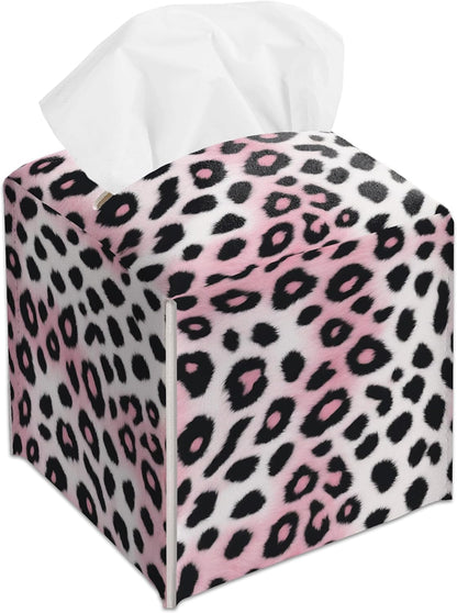 Pink Cheetah Decorative Square Leather Tissue Box Cover - Cute Tissue Holder Gifts for Women Family and Friends Funny Unique for Home Decor Decorative for Kids Room Kitchen Bathroom Office - A29