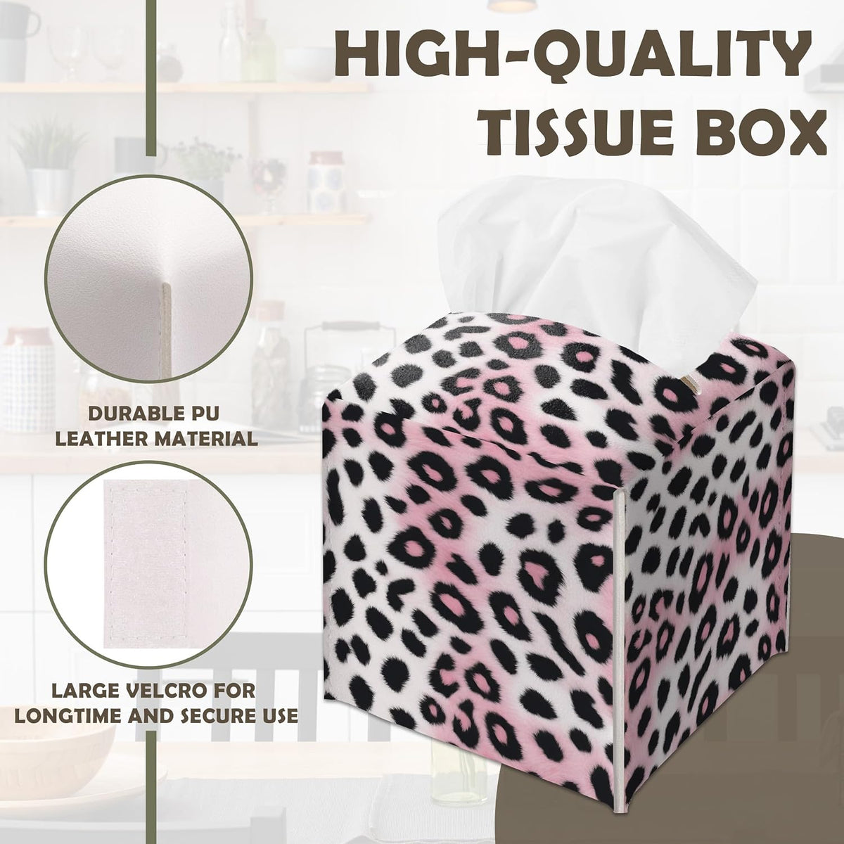 Pink Cheetah Decorative Square Leather Tissue Box Cover - Cute Tissue Holder Gifts for Women Family and Friends Funny Unique for Home Decor Decorative for Kids Room Kitchen Bathroom Office - A29