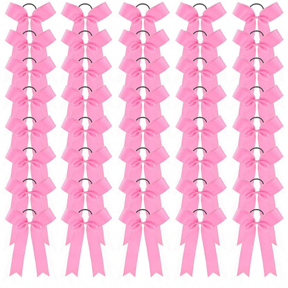 40 Pcs Long Tail Skinny Cheer Bows Elastic Bands Handmade Grosgrain Ribbon Bows Collegiate Ponytail Holder For Girls Cheerleaders College Sports Valentine's Day (Pink)