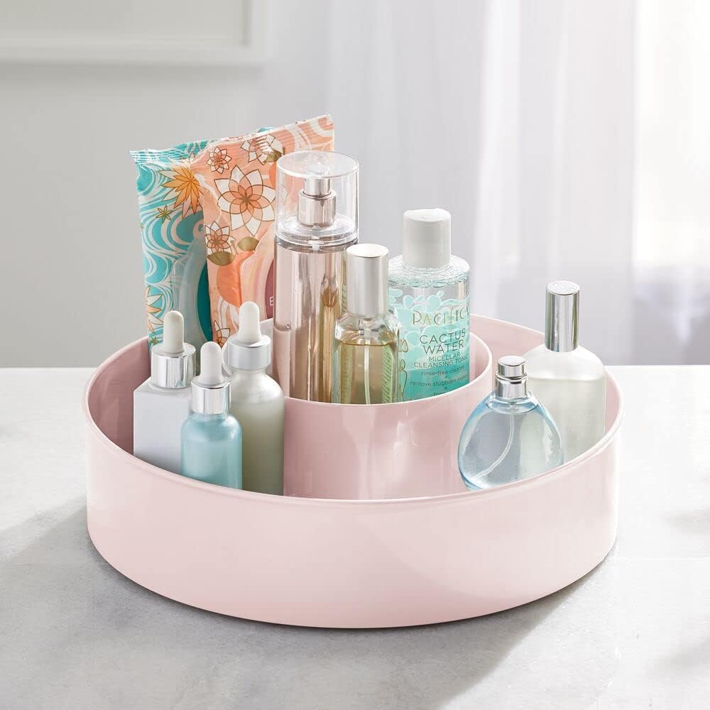 Plastic Lazy Susan Round Turntable Storage Tray - Rotating Organizer for Makeup, Cosmetics, Nail Polish, Vitamins, Shaving Kits, Hair Spray, Medical Supplies, First Aid - Light Pink/Blush