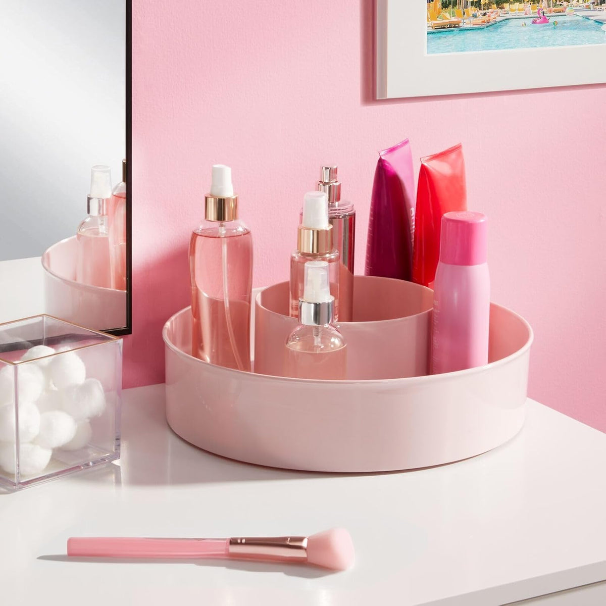 Plastic Lazy Susan Round Turntable Storage Tray - Rotating Organizer for Makeup, Cosmetics, Nail Polish, Vitamins, Shaving Kits, Hair Spray, Medical Supplies, First Aid - Light Pink/Blush