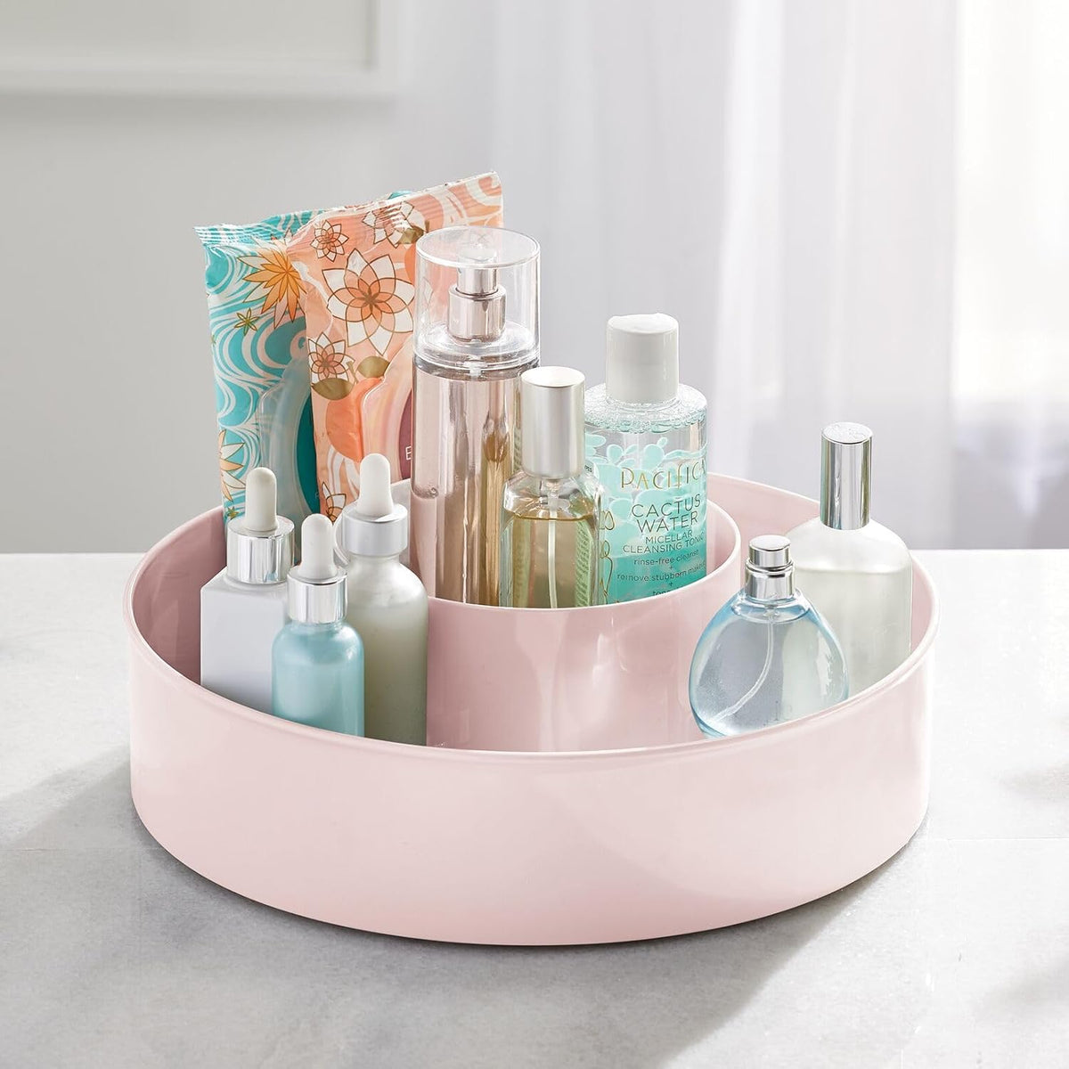 Plastic Lazy Susan Round Turntable Storage Tray - Rotating Organizer for Makeup, Cosmetics, Nail Polish, Vitamins, Shaving Kits, Hair Spray, Medical Supplies, First Aid - Light Pink/Blush