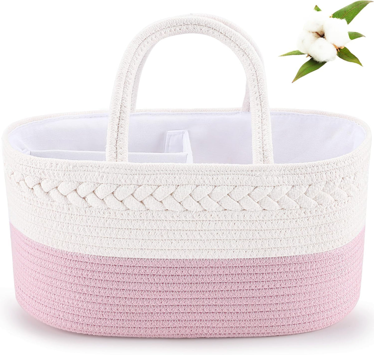 Diaper Caddy Organizer, Rope Woven Storage Baske, Pink