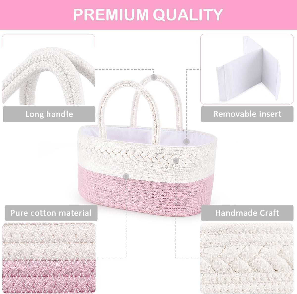 Diaper Caddy Organizer, Rope Woven Storage Baske, Pink