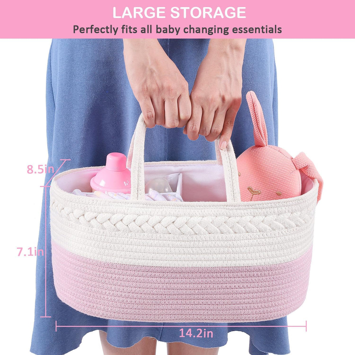 Diaper Caddy Organizer, Rope Woven Storage Baske, Pink