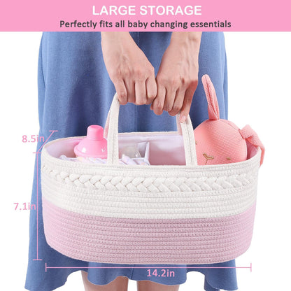 Diaper Caddy Organizer, Rope Woven Storage Baske, Pink