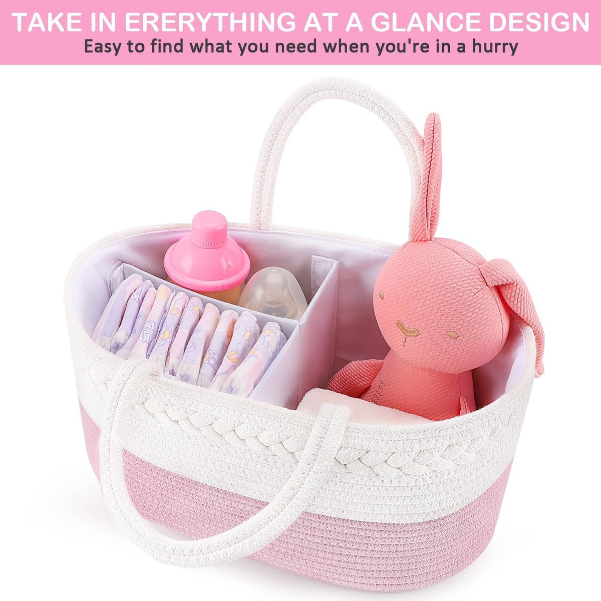 Diaper Caddy Organizer, Rope Woven Storage Baske, Pink