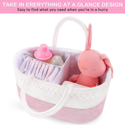 Diaper Caddy Organizer, Rope Woven Storage Baske, Pink