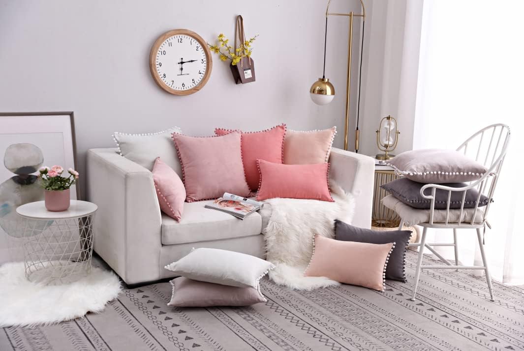 Nordic Ins Style Suede Plush Ball Lace • Pillow Cover ；Car ，Office ，Sofa，Bed ，Decorative Throw Pillow • Cushion Cover (13x20, Light Pink)