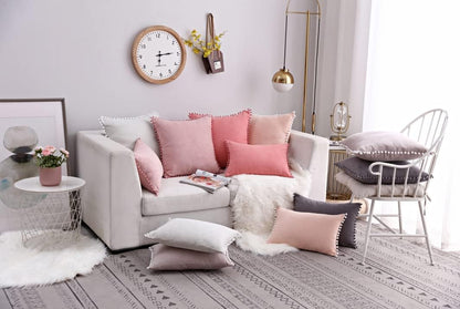 Nordic Ins Style Suede Plush Ball Lace • Pillow Cover ；Car ，Office ，Sofa，Bed ，Decorative Throw Pillow • Cushion Cover (13x20, Light Pink)