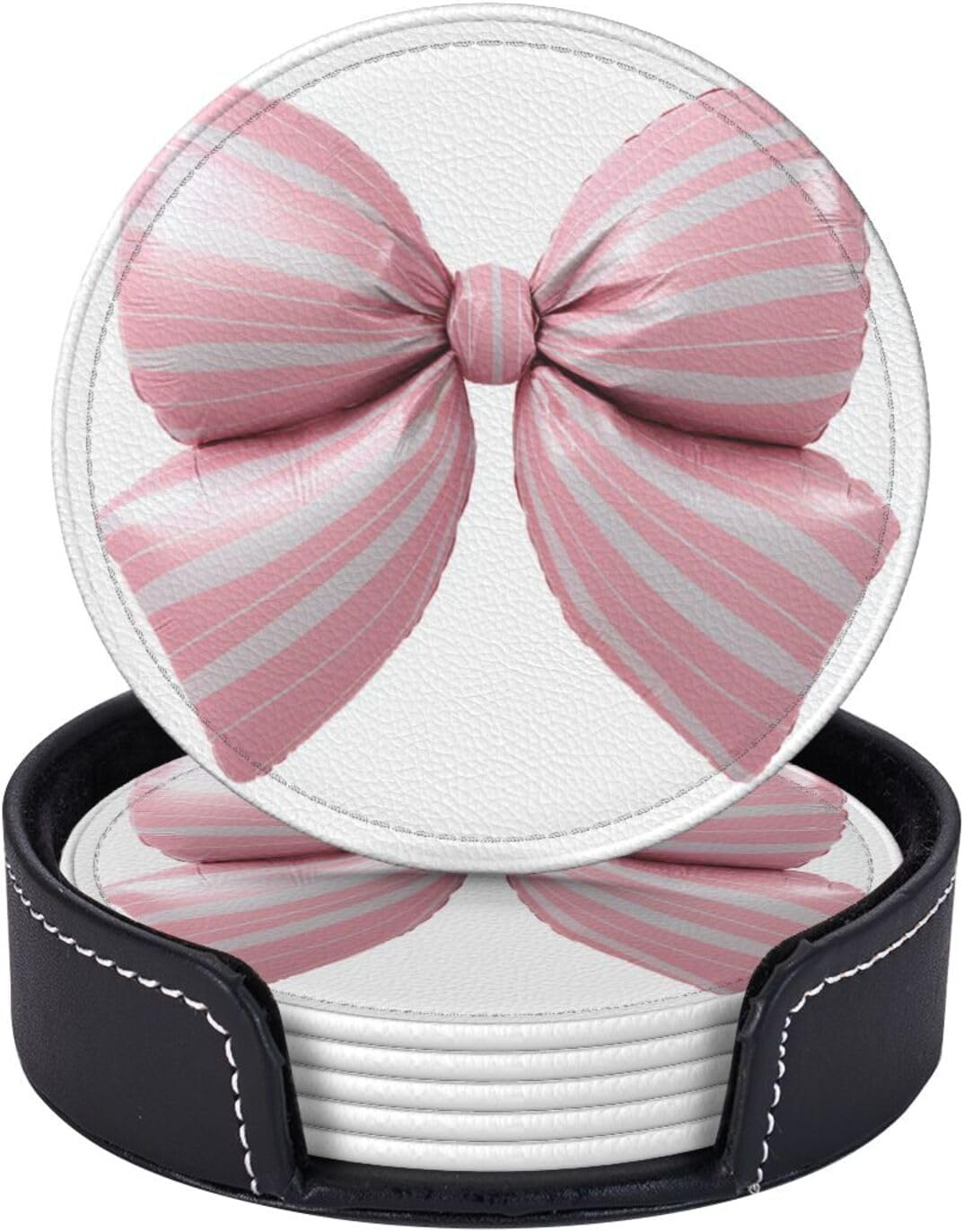 Light Pink Bow Balloon Candy Stripe Pattern Premium Leather Coasters, Set of 6 with Holder, Stylish Beverage Coasters for Kitchen Coffee Bar