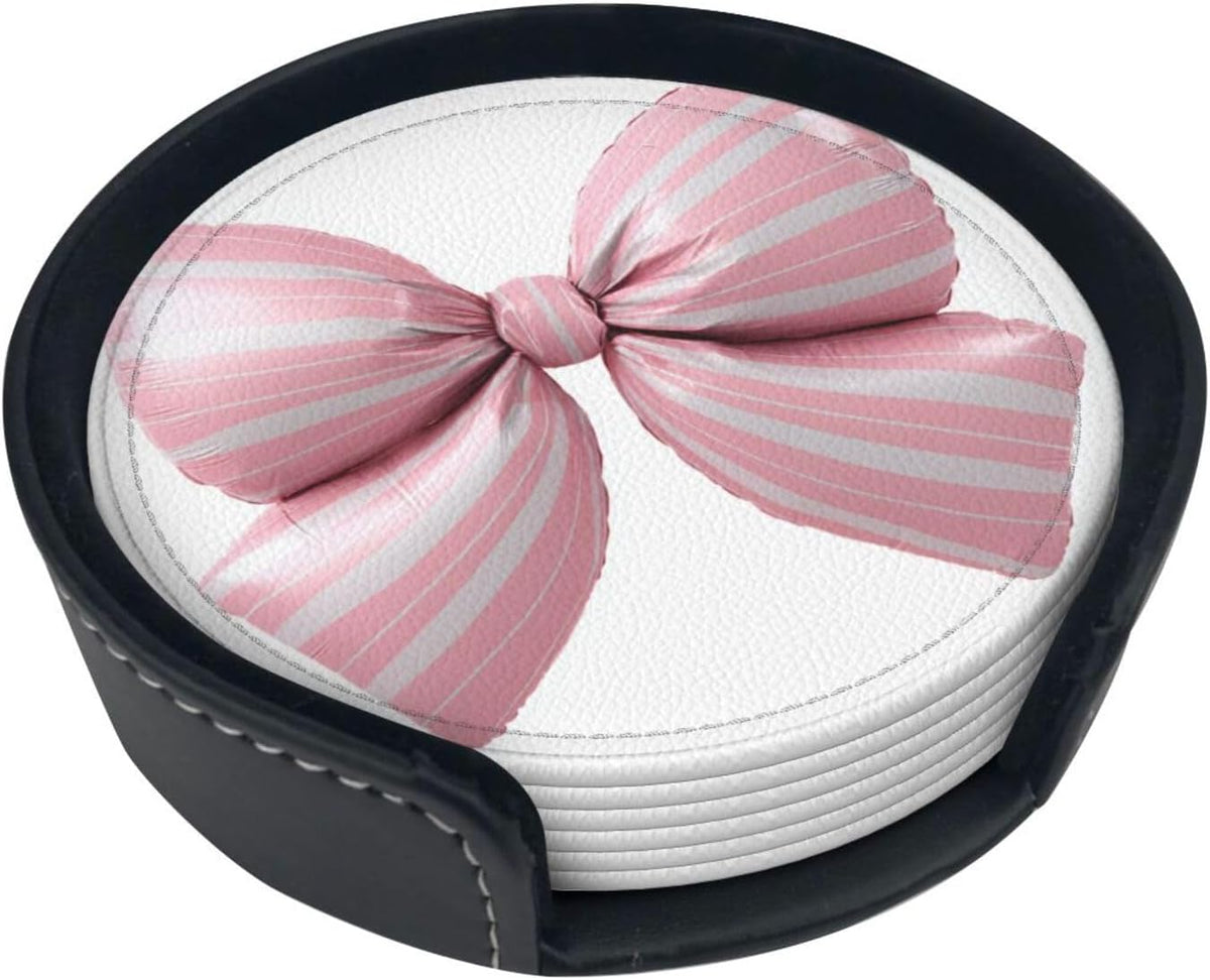 Light Pink Bow Balloon Candy Stripe Pattern Premium Leather Coasters, Set of 6 with Holder, Stylish Beverage Coasters for Kitchen Coffee Bar
