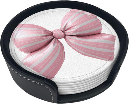 Light Pink Bow Balloon Candy Stripe Pattern Premium Leather Coasters, Set of 6 with Holder, Stylish Beverage Coasters for Kitchen Coffee Bar