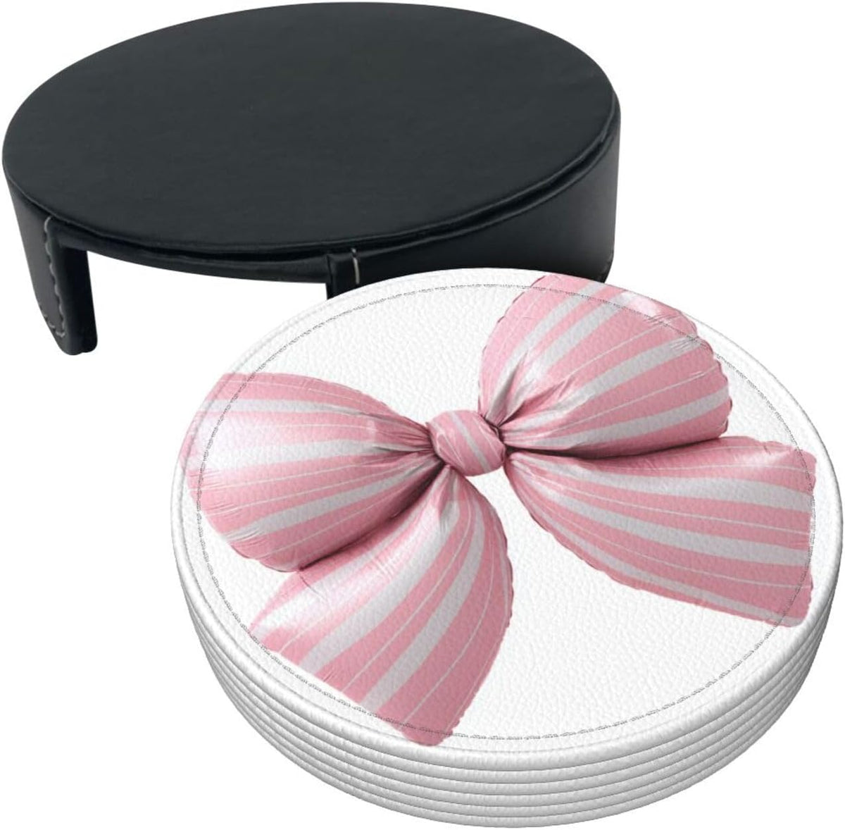 Light Pink Bow Balloon Candy Stripe Pattern Premium Leather Coasters, Set of 6 with Holder, Stylish Beverage Coasters for Kitchen Coffee Bar