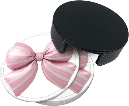 Light Pink Bow Balloon Candy Stripe Pattern Premium Leather Coasters, Set of 6 with Holder, Stylish Beverage Coasters for Kitchen Coffee Bar