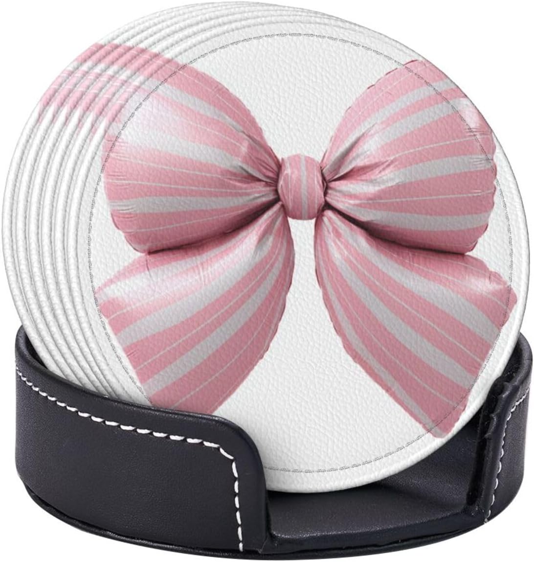 Light Pink Bow Balloon Candy Stripe Pattern Premium Leather Coasters, Set of 6 with Holder, Stylish Beverage Coasters for Kitchen Coffee Bar
