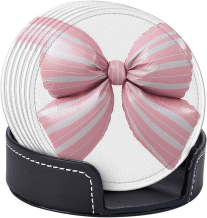 Light Pink Bow Balloon Candy Stripe Pattern Premium Leather Coasters, Set of 6 with Holder, Stylish Beverage Coasters for Kitchen Coffee Bar