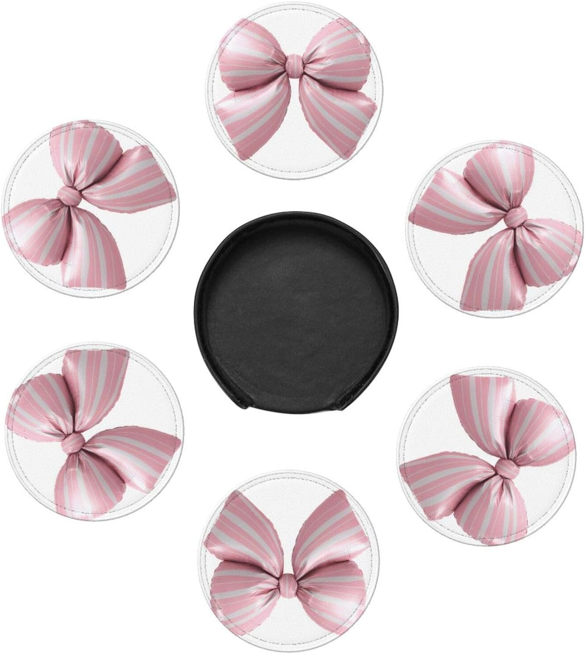 Light Pink Bow Balloon Candy Stripe Pattern Premium Leather Coasters, Set of 6 with Holder, Stylish Beverage Coasters for Kitchen Coffee Bar