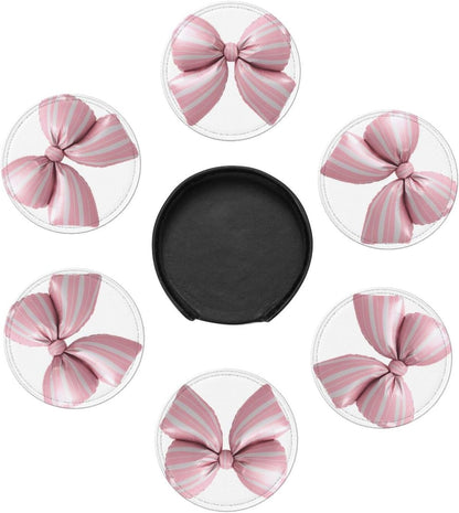 Light Pink Bow Balloon Candy Stripe Pattern Premium Leather Coasters, Set of 6 with Holder, Stylish Beverage Coasters for Kitchen Coffee Bar