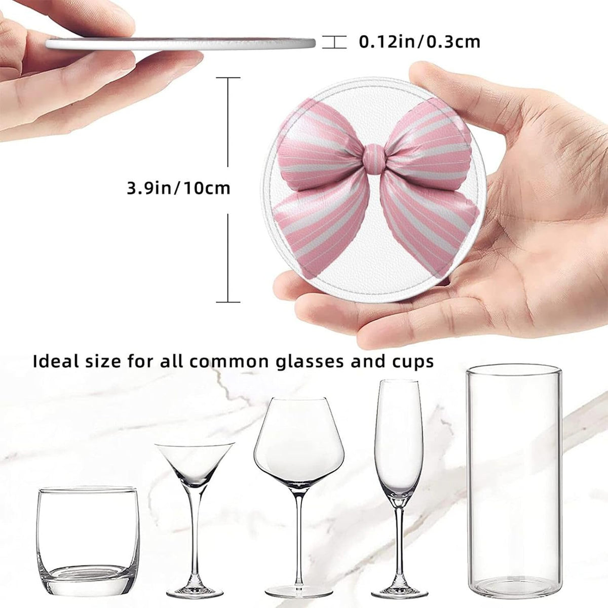 Light Pink Bow Balloon Candy Stripe Pattern Premium Leather Coasters, Set of 6 with Holder, Stylish Beverage Coasters for Kitchen Coffee Bar