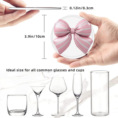 Light Pink Bow Balloon Candy Stripe Pattern Premium Leather Coasters, Set of 6 with Holder, Stylish Beverage Coasters for Kitchen Coffee Bar