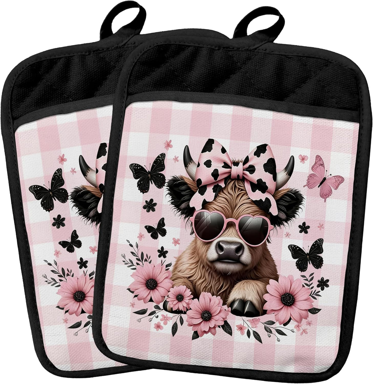 Coquette Bow Floral Highland Cow Pot Holders 2 Pack Set, Highland Cow Gifts for Women, Pink Checkered Butterfly Heifer Heat Resistant Oven Hot Pads for Kitchen Countertop Baking