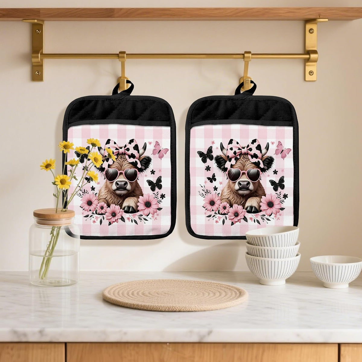 Coquette Bow Floral Highland Cow Pot Holders 2 Pack Set, Highland Cow Gifts for Women, Pink Checkered Butterfly Heifer Heat Resistant Oven Hot Pads for Kitchen Countertop Baking