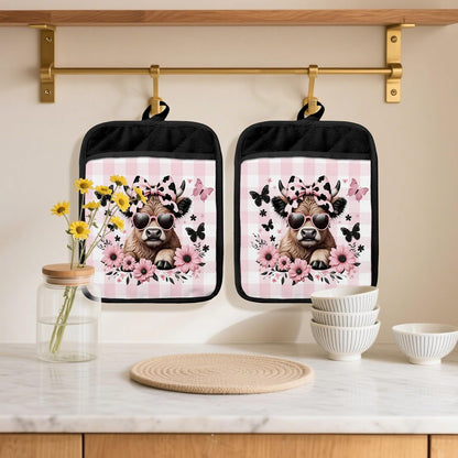 Coquette Bow Floral Highland Cow Pot Holders 2 Pack Set, Highland Cow Gifts for Women, Pink Checkered Butterfly Heifer Heat Resistant Oven Hot Pads for Kitchen Countertop Baking