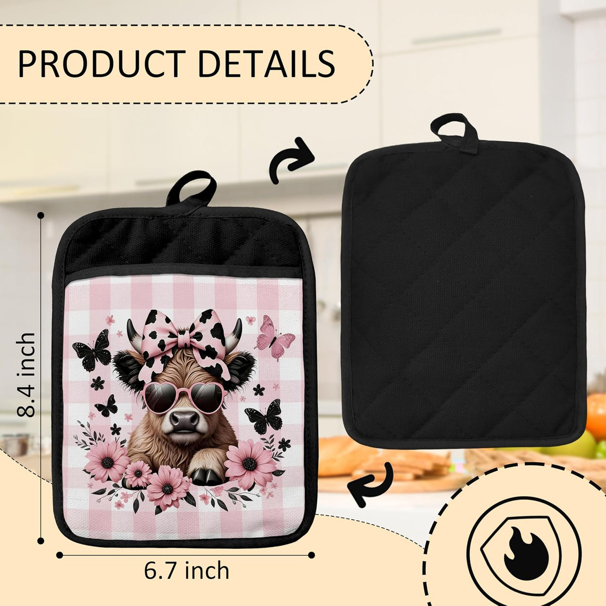 Coquette Bow Floral Highland Cow Pot Holders 2 Pack Set, Highland Cow Gifts for Women, Pink Checkered Butterfly Heifer Heat Resistant Oven Hot Pads for Kitchen Countertop Baking