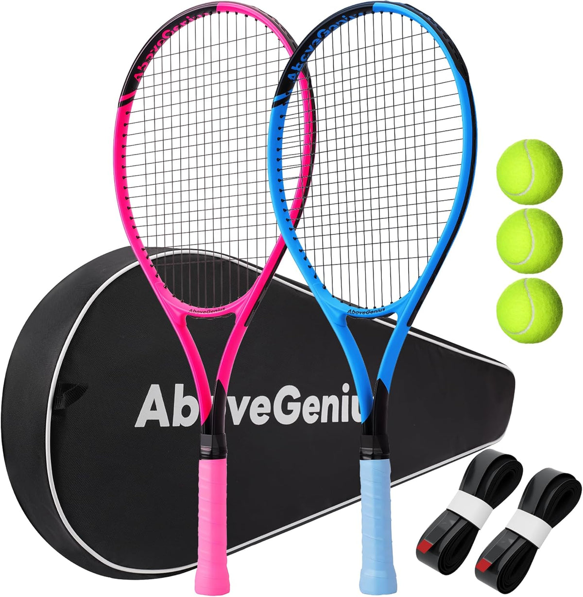 Neon Tennis Rackets 2 Pack for Adults- 27" Lightweight Aluminum Tennis Racquet Set with 3 Balls & Bag- Vibrant High-Visibility Matte Finish for Men Women Beginners