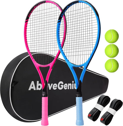 Neon Tennis Rackets 2 Pack for Adults- 27" Lightweight Aluminum Tennis Racquet Set with 3 Balls & Bag- Vibrant High-Visibility Matte Finish for Men Women Beginners