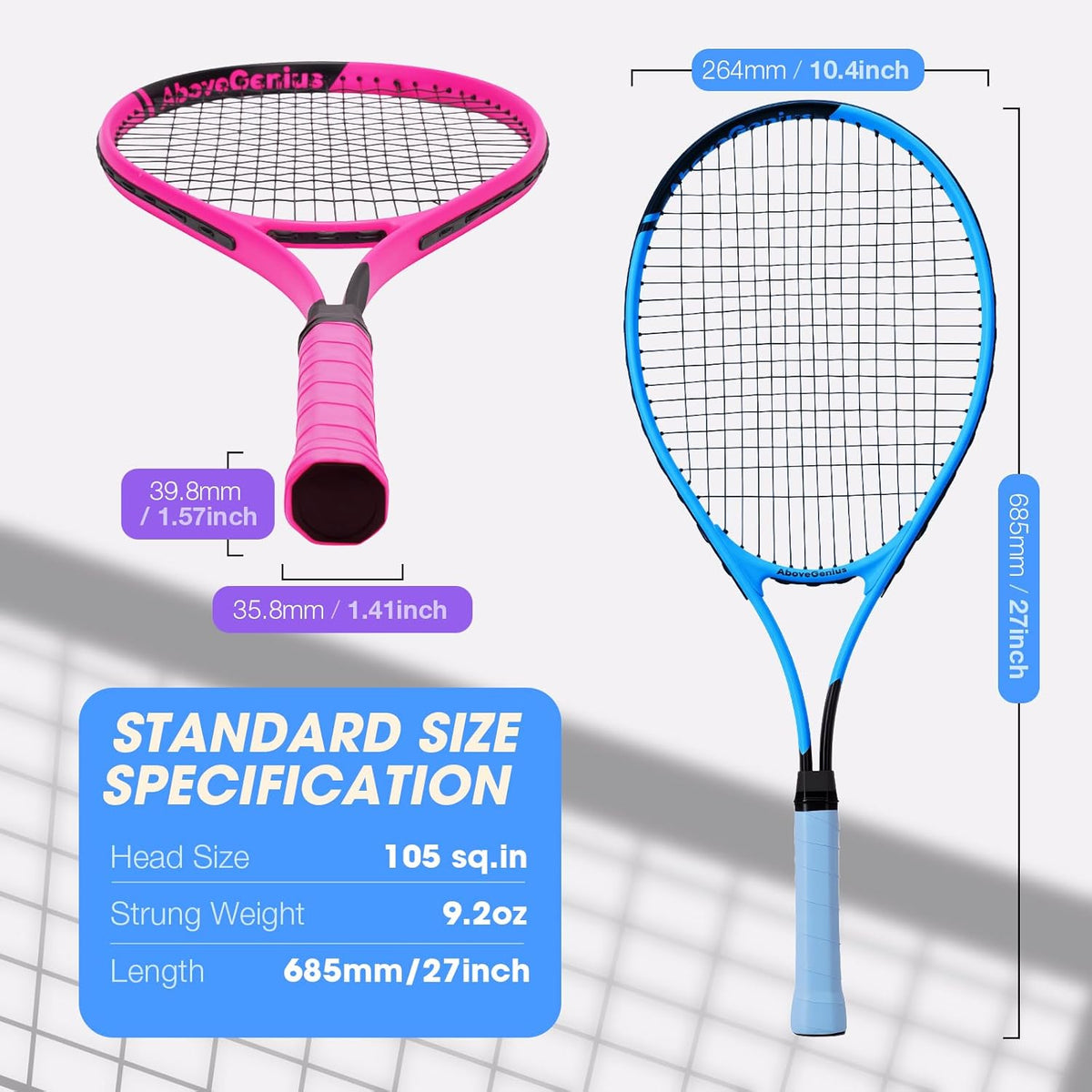Neon Tennis Rackets 2 Pack for Adults- 27" Lightweight Aluminum Tennis Racquet Set with 3 Balls & Bag- Vibrant High-Visibility Matte Finish for Men Women Beginners