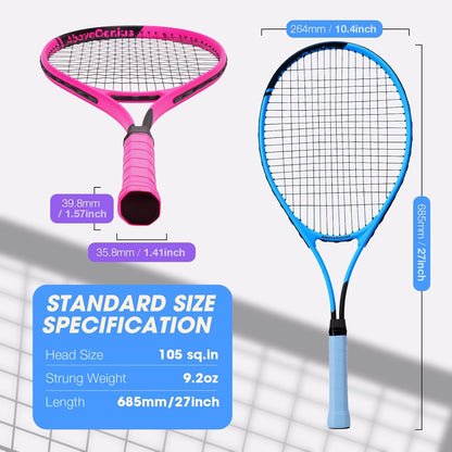 Neon Tennis Rackets 2 Pack for Adults- 27" Lightweight Aluminum Tennis Racquet Set with 3 Balls & Bag- Vibrant High-Visibility Matte Finish for Men Women Beginners