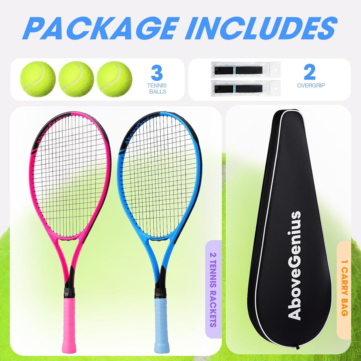 Neon Tennis Rackets 2 Pack for Adults- 27" Lightweight Aluminum Tennis Racquet Set with 3 Balls & Bag- Vibrant High-Visibility Matte Finish for Men Women Beginners