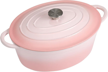 Enameled Dutch Oven Pot with Lid, 7 QT Cast Iron Dutch Oven with Dual Handles, Oval Dutch Oven for Cooking, Bread Baking, Frying, Non-stick Enamel Coated Oven (Gradient Pink)
