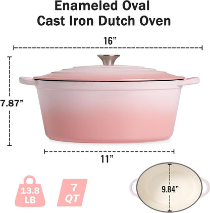 Enameled Dutch Oven Pot with Lid, 7 QT Cast Iron Dutch Oven with Dual Handles, Oval Dutch Oven for Cooking, Bread Baking, Frying, Non-stick Enamel Coated Oven (Gradient Pink)
