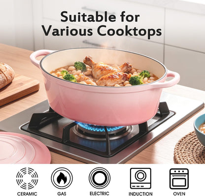 Enameled Dutch Oven Pot with Lid, 7 QT Cast Iron Dutch Oven with Dual Handles, Oval Dutch Oven for Cooking, Bread Baking, Frying, Non-stick Enamel Coated Oven (Gradient Pink)