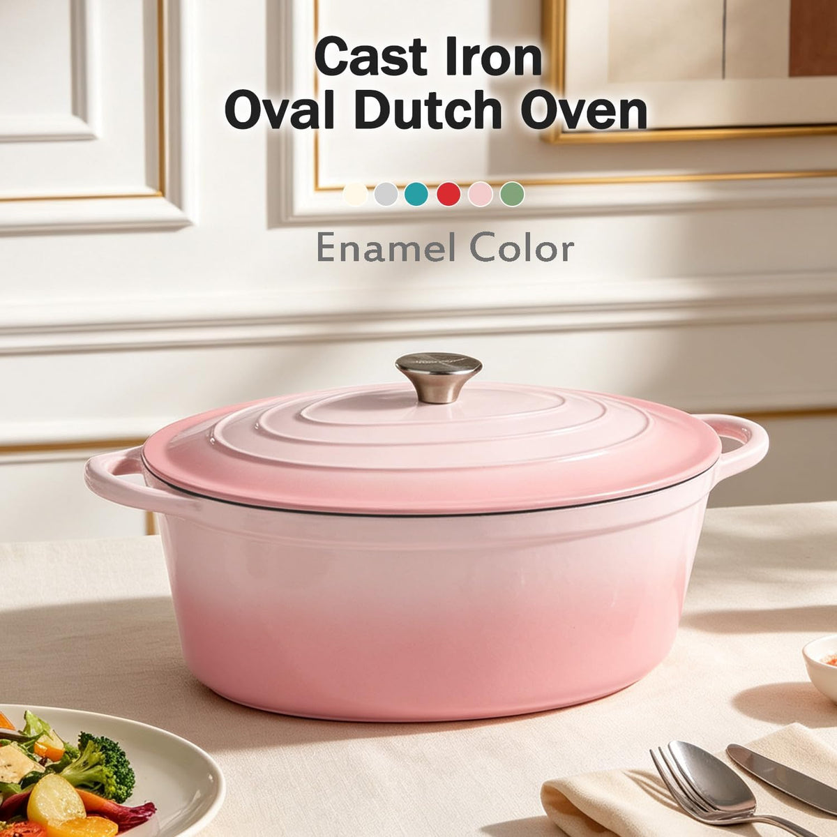 Enameled Dutch Oven Pot with Lid, 7 QT Cast Iron Dutch Oven with Dual Handles, Oval Dutch Oven for Cooking, Bread Baking, Frying, Non-stick Enamel Coated Oven (Gradient Pink)