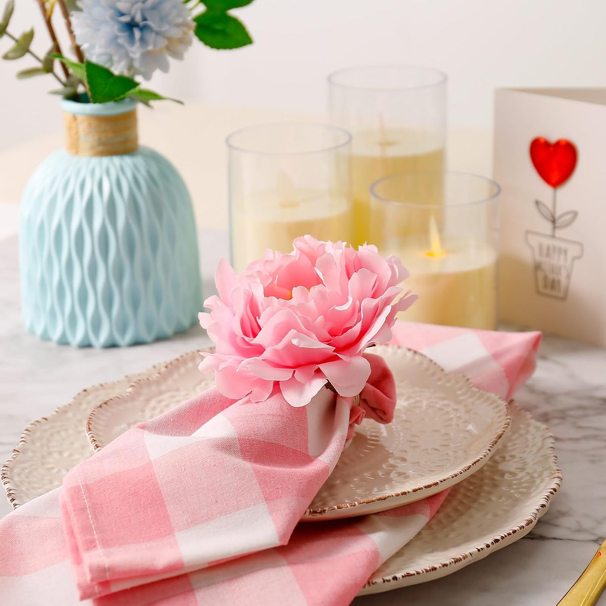 Pink Flower Napkin Rings Set of 4, Faux Peony Napkin Ring Holders for Table Decoration, Wedding, Mother, Thanksgiving Day, Dinner Setting