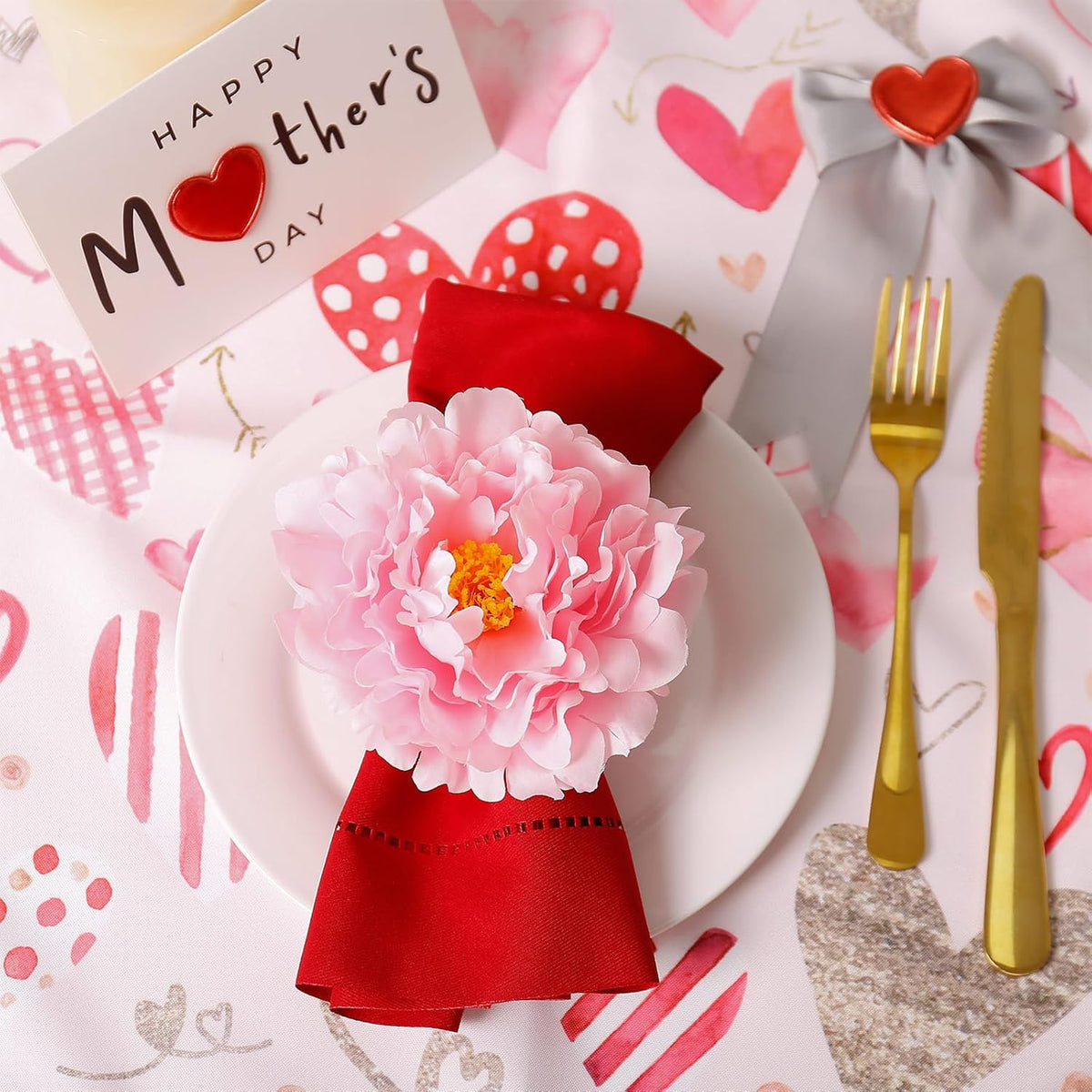 Pink Flower Napkin Rings Set of 4, Faux Peony Napkin Ring Holders for Table Decoration, Wedding, Mother, Thanksgiving Day, Dinner Setting