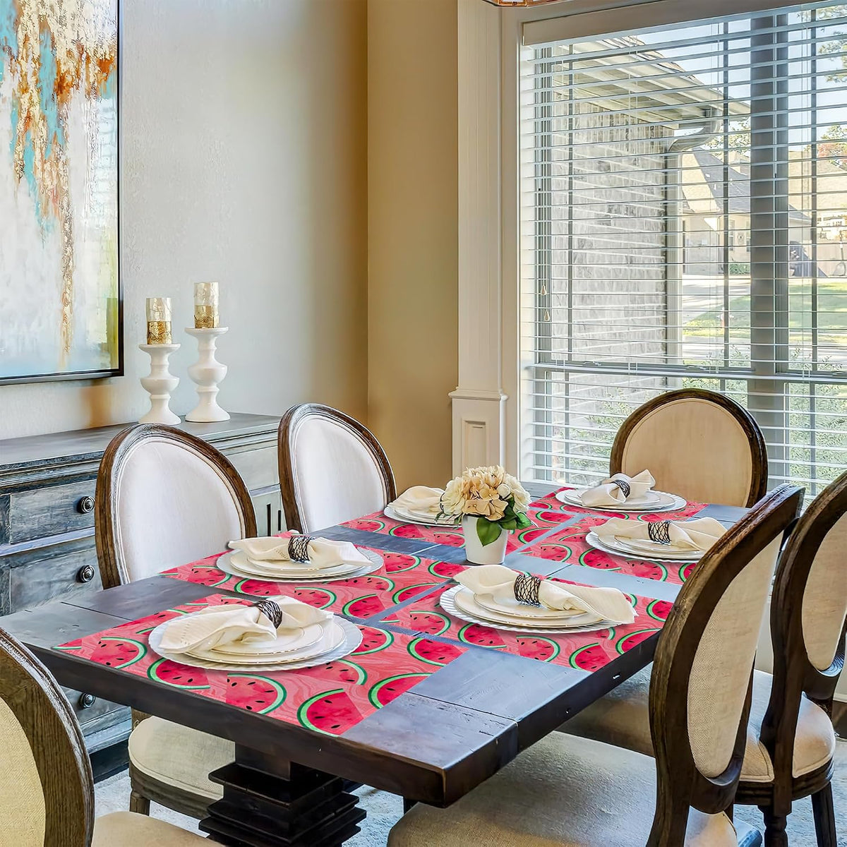Placemats,Watermelon Pink Marble Placemats 12x18 Inch Waterproof Non-Slip Washable Table Mats for Kitchen Dining Party Table Decor,Set of 6