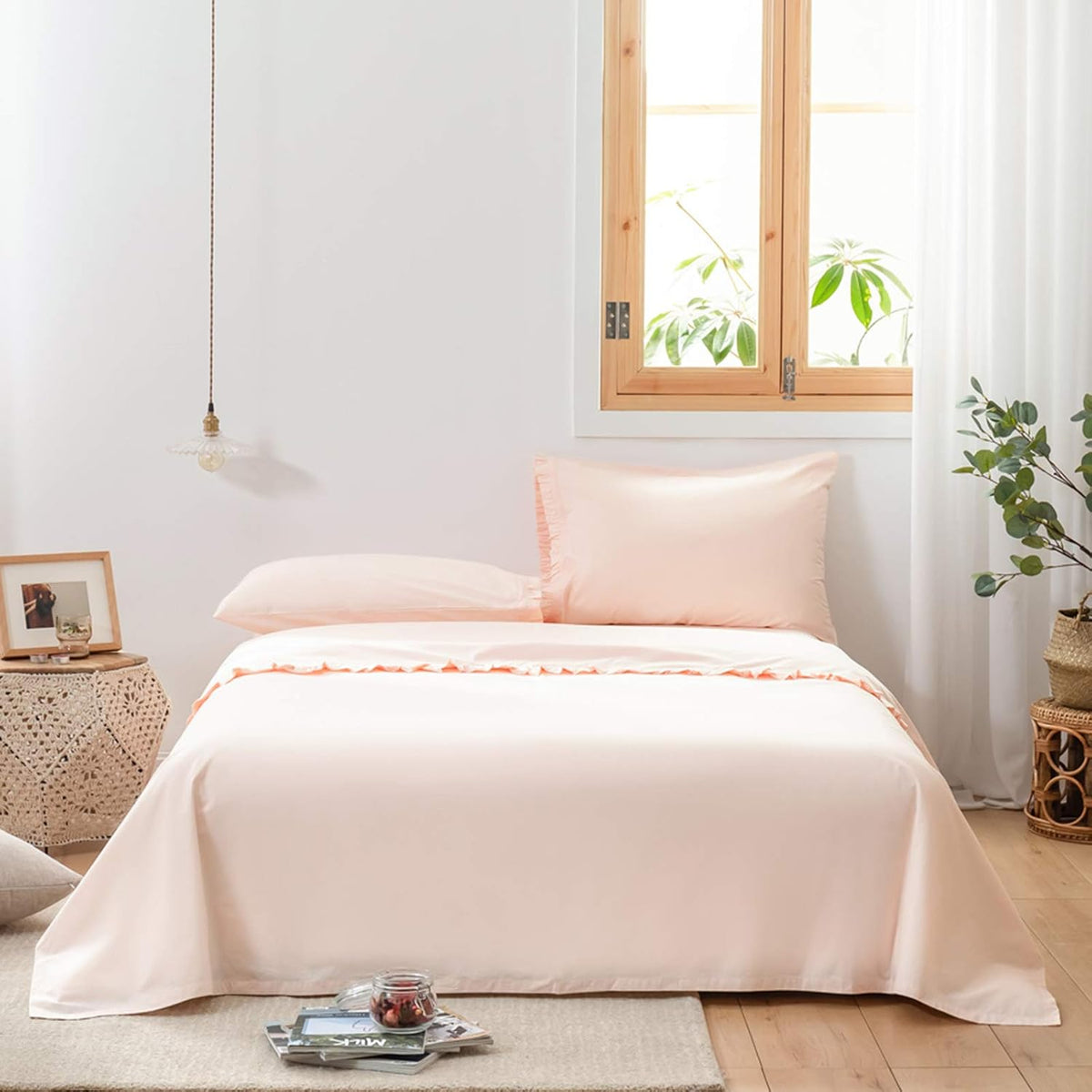 100% Cotton Sheet Set Ruffle- 4Pcs (1 Flat Sheet 1 Fitted Sheet 2 Pillowcases) Bed Sheets Soft French Country Shabby Chic Vintage Bedding Set Aesthetic Farmhouse (Blush Pink, Full)