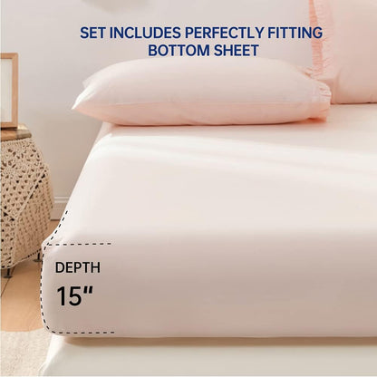 100% Cotton Sheet Set Ruffle- 4Pcs (1 Flat Sheet 1 Fitted Sheet 2 Pillowcases) Bed Sheets Soft French Country Shabby Chic Vintage Bedding Set Aesthetic Farmhouse (Blush Pink, Full)