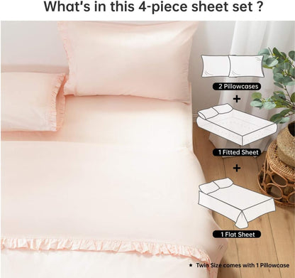 100% Cotton Sheet Set Ruffle- 4Pcs (1 Flat Sheet 1 Fitted Sheet 2 Pillowcases) Bed Sheets Soft French Country Shabby Chic Vintage Bedding Set Aesthetic Farmhouse (Blush Pink, Full)