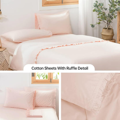 100% Cotton Sheet Set Ruffle- 4Pcs (1 Flat Sheet 1 Fitted Sheet 2 Pillowcases) Bed Sheets Soft French Country Shabby Chic Vintage Bedding Set Aesthetic Farmhouse (Blush Pink, Full)