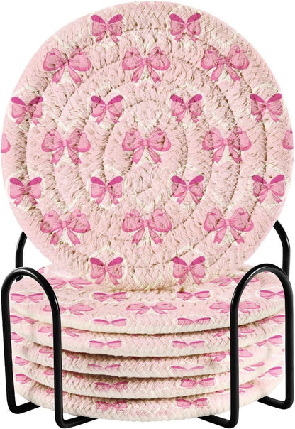 Light Pink Bows Drink Coasters Set - 6 Pcs Woven Coasters with Holder for Home Decor, 3.94 Inch